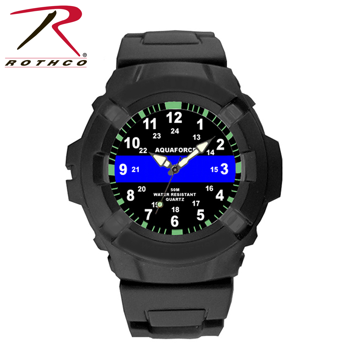 Aqua Force Thin Blue Line Police Officer Rugged Pu Rubber Watch (50m Water Resistant)