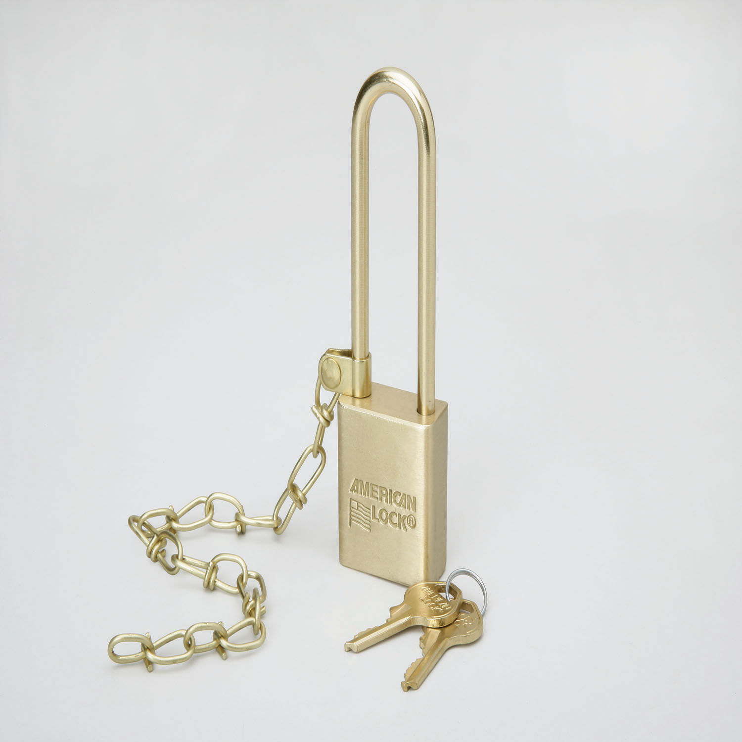 Padlock, Solid Case, 1.5" Wide Brass, Keyed Differently, 3" Extra Long Shackle,  w/Chain, EA