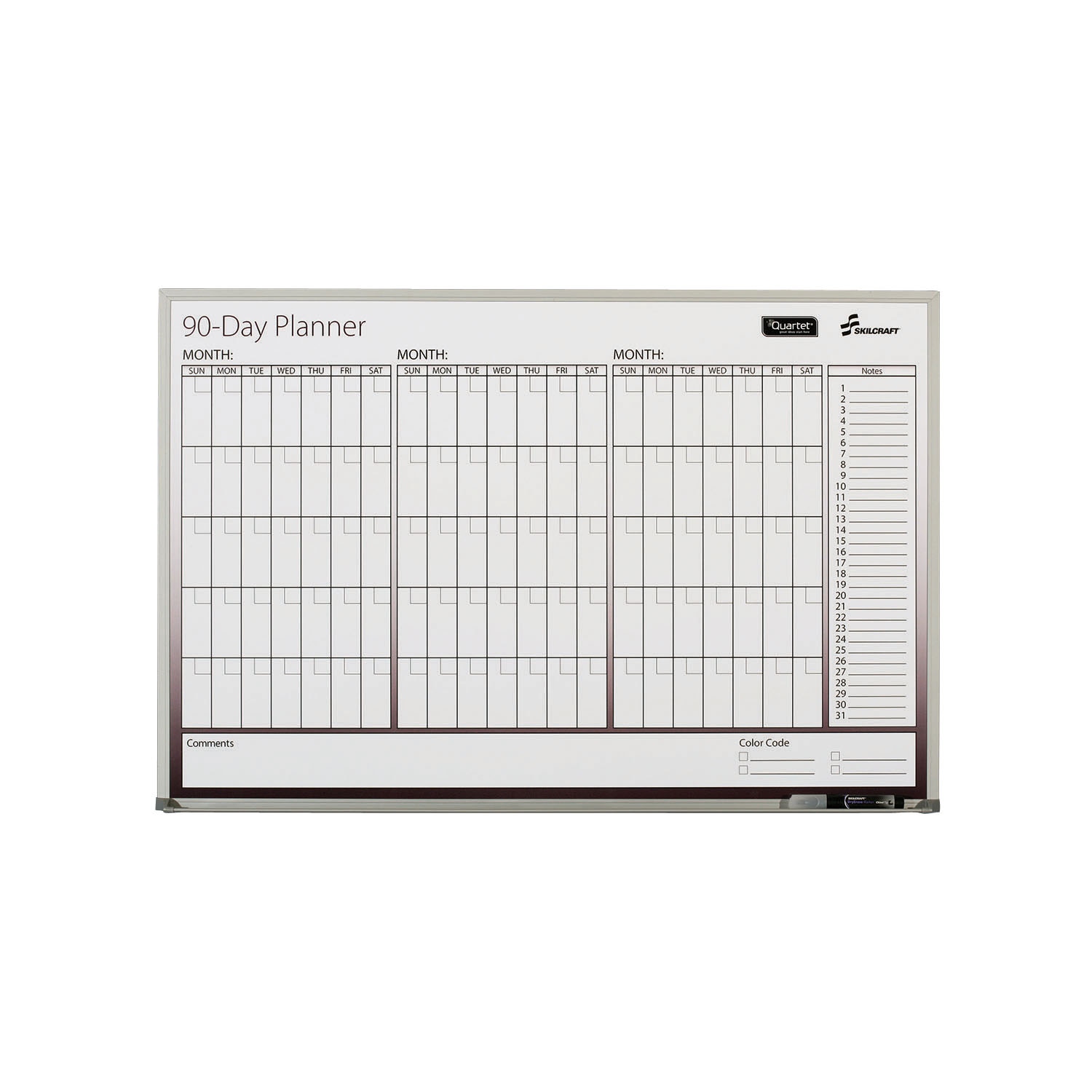 White Board, 90-Day Planner, Non-Dated, Aluminum Frame, 3' x 2'