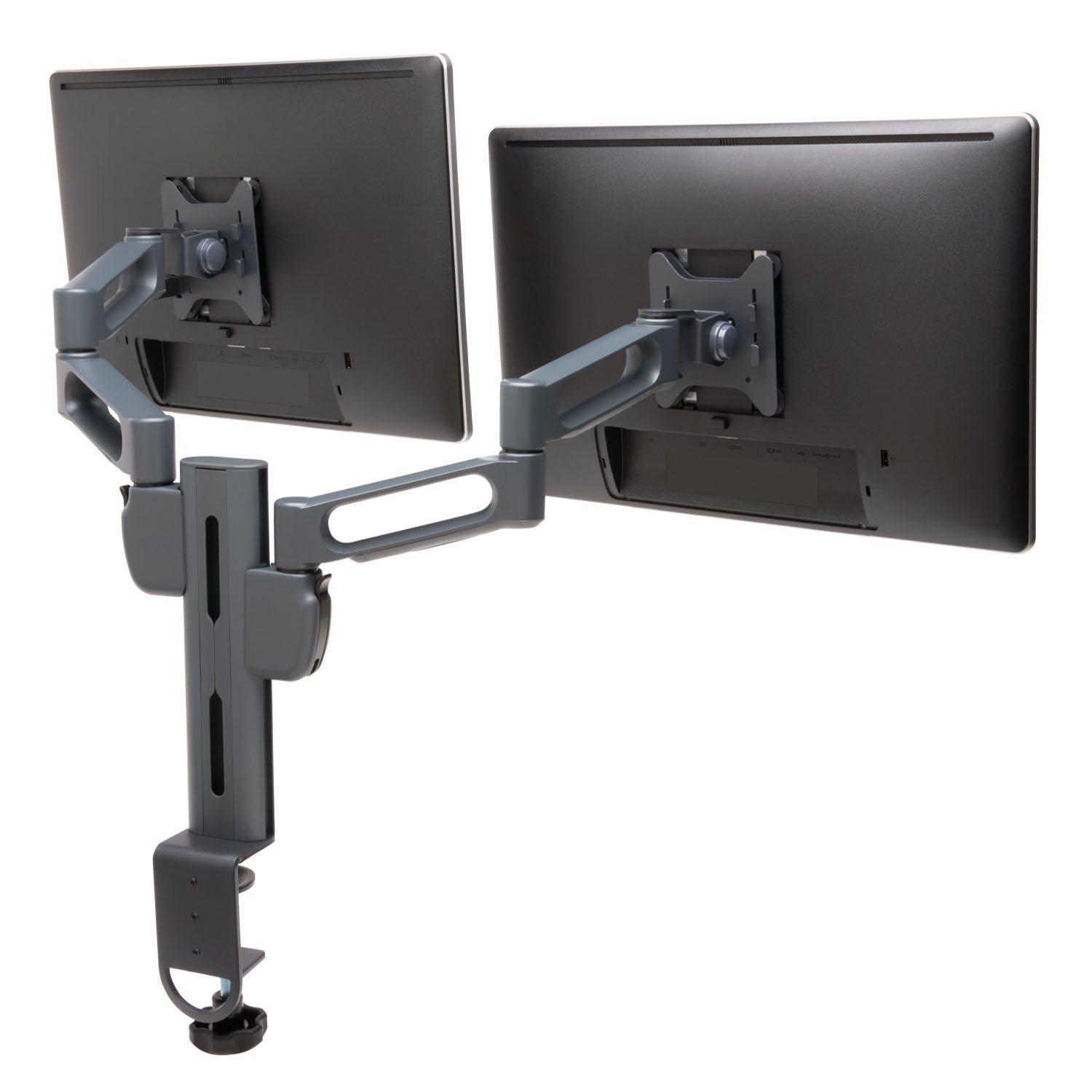 Dual Monitor Arm, Column Mount, Ergonomic, Dark Gray, 21.7" W x 14.6" H x 7.1" D