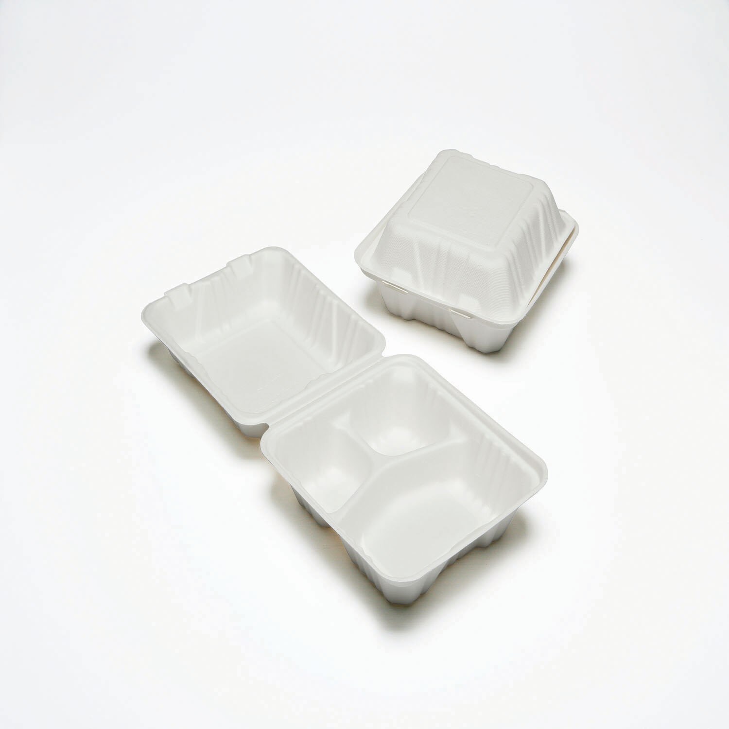 Hinged Lid Tray, Mess, 3 compartment, White, 8" x 8" x 3"
