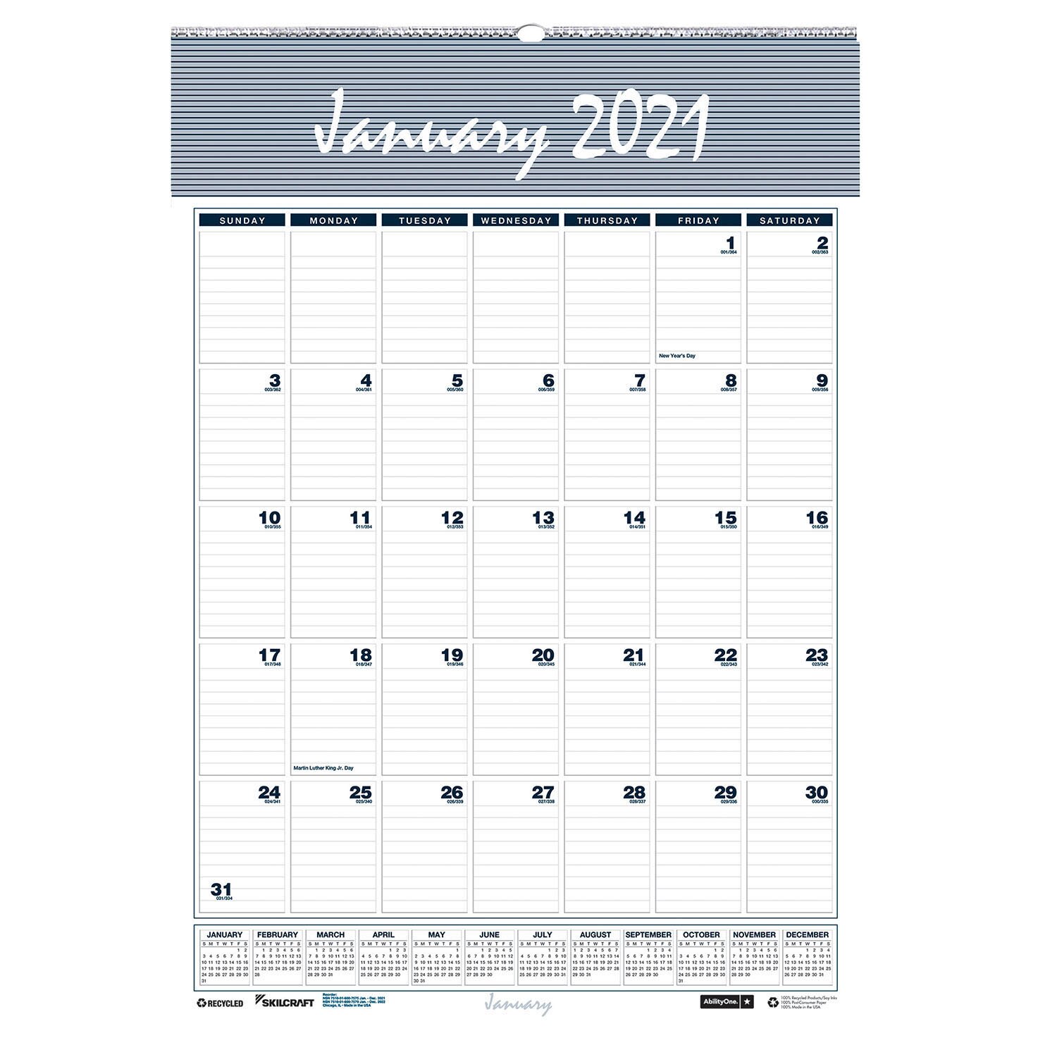 Monthly Wall Calendar, Dated 2021, Jan-Dec, 8-1/2"x11"