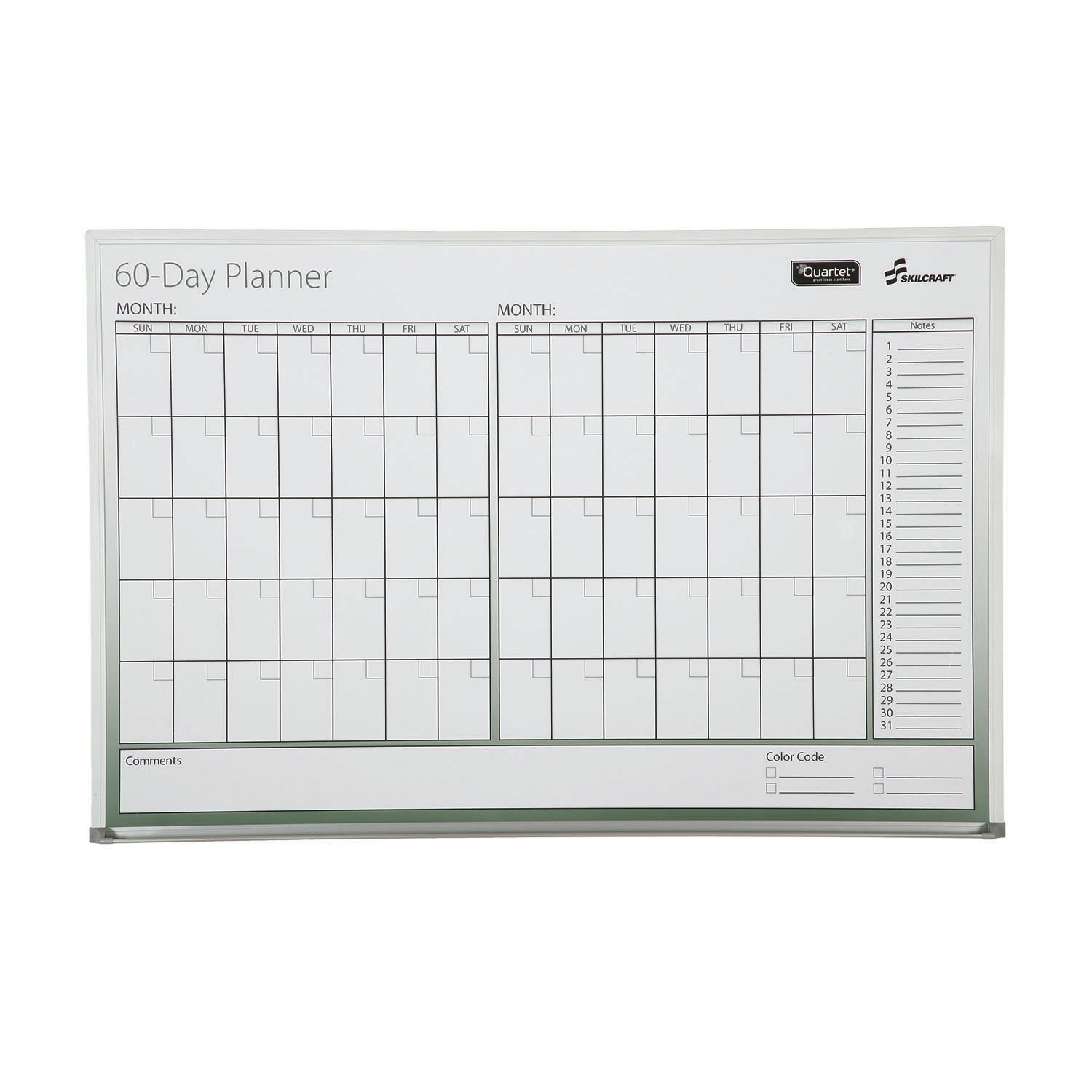 White Board, 60-Day Planner, Non-Dated, Mylar Laminated Surface, Aluminum Frame, 3' x 2'