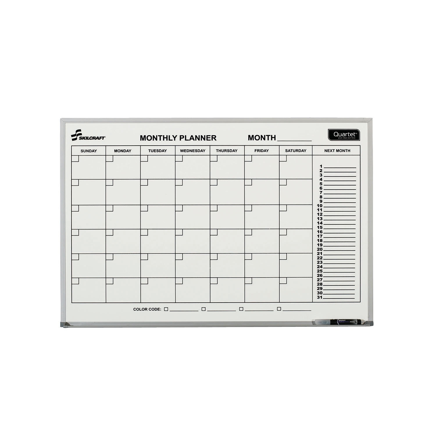 White Board, Dry Erase, 1 Month Calendar Planner, Non-Dated, Aluminum Frame, 3' x 2'