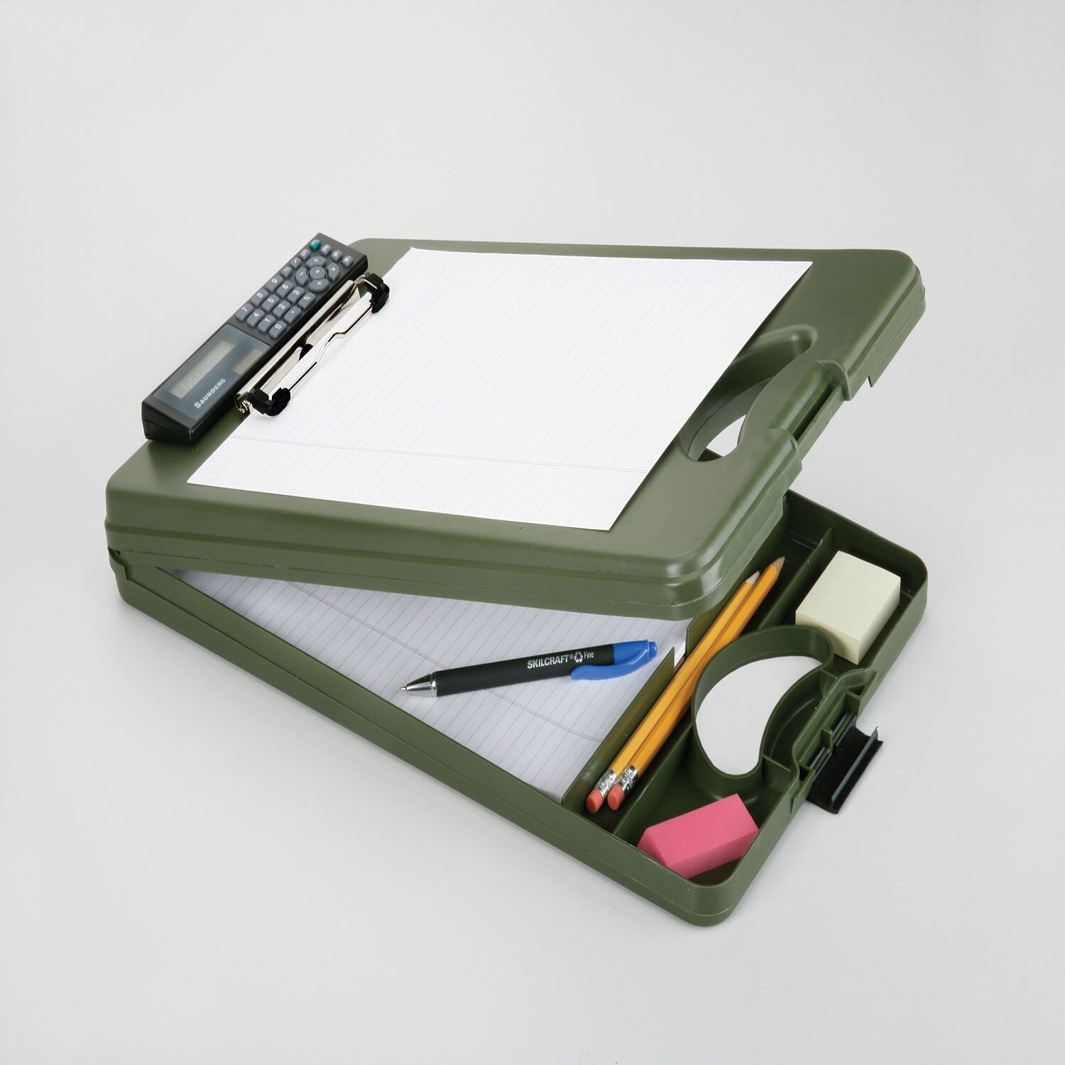Portable Desktop Clipboard with Calculator, 10" W x 2-3/5" D x 16" H, Army Green