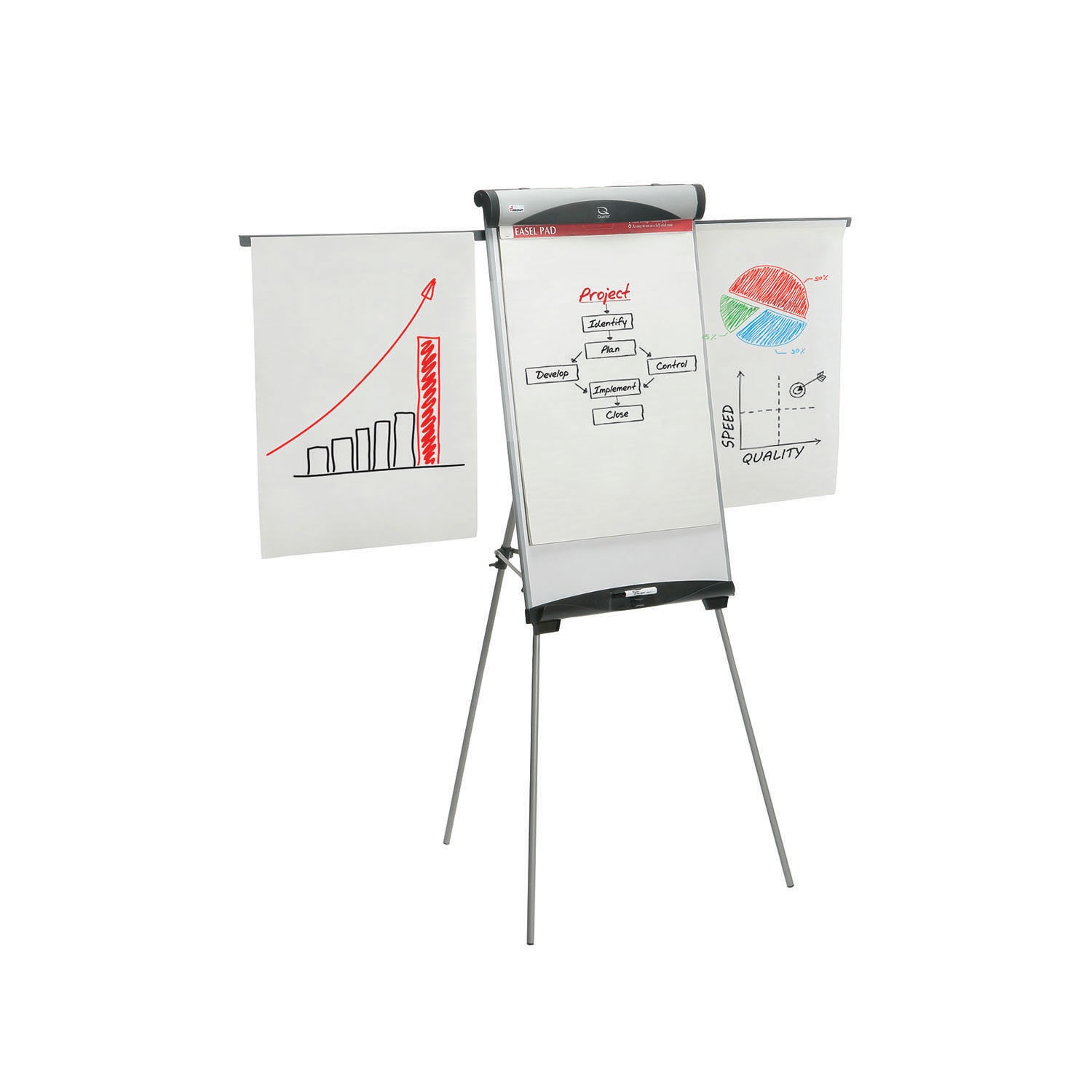 Presentation Easel w/Pad, Magnetic Whiteboard, 27"x39", Silver U-shaped Frame, Adj. Height & Arms