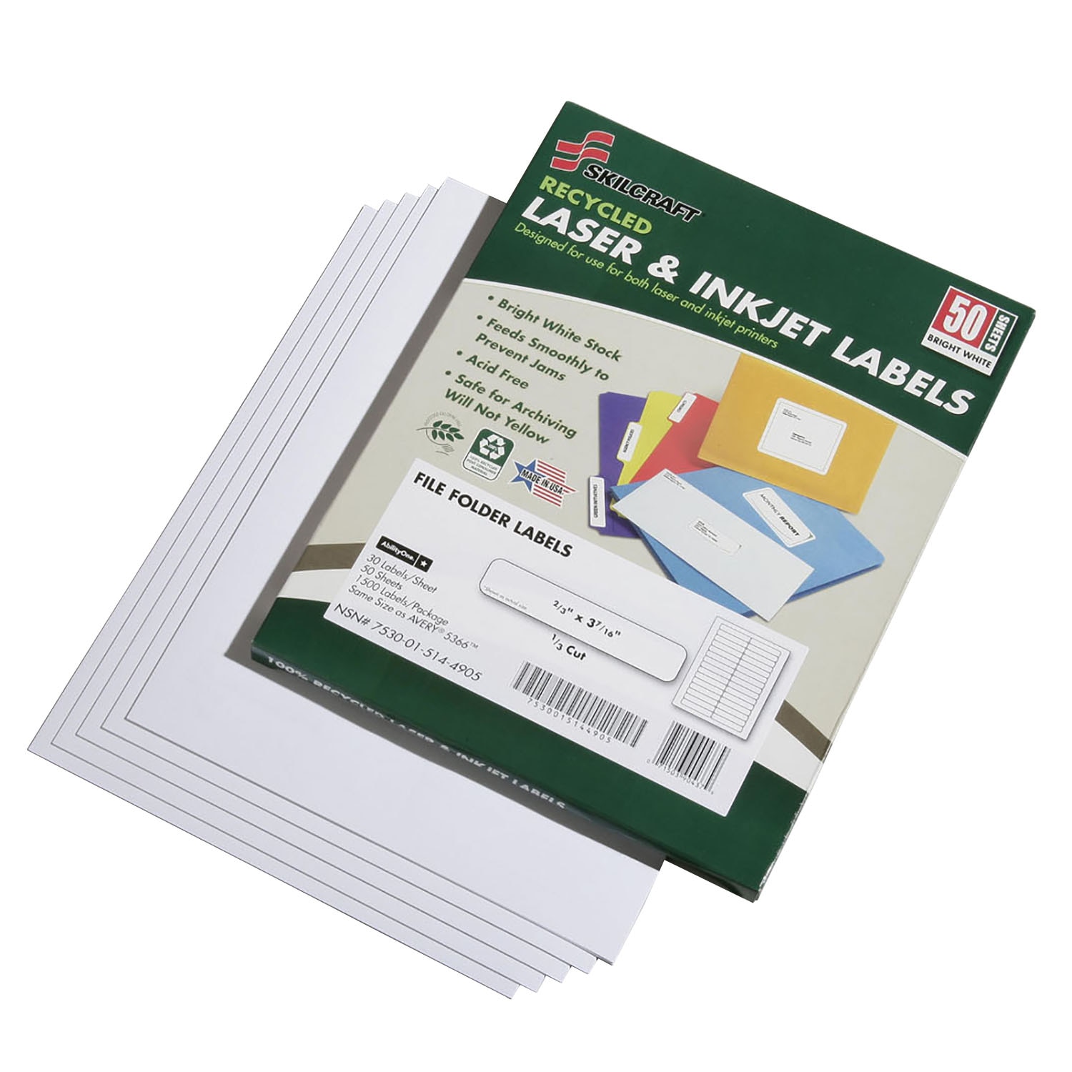 Label, File Folder, Recycled, Laser and Inkjet, White, 2/3" x 3-7/16"