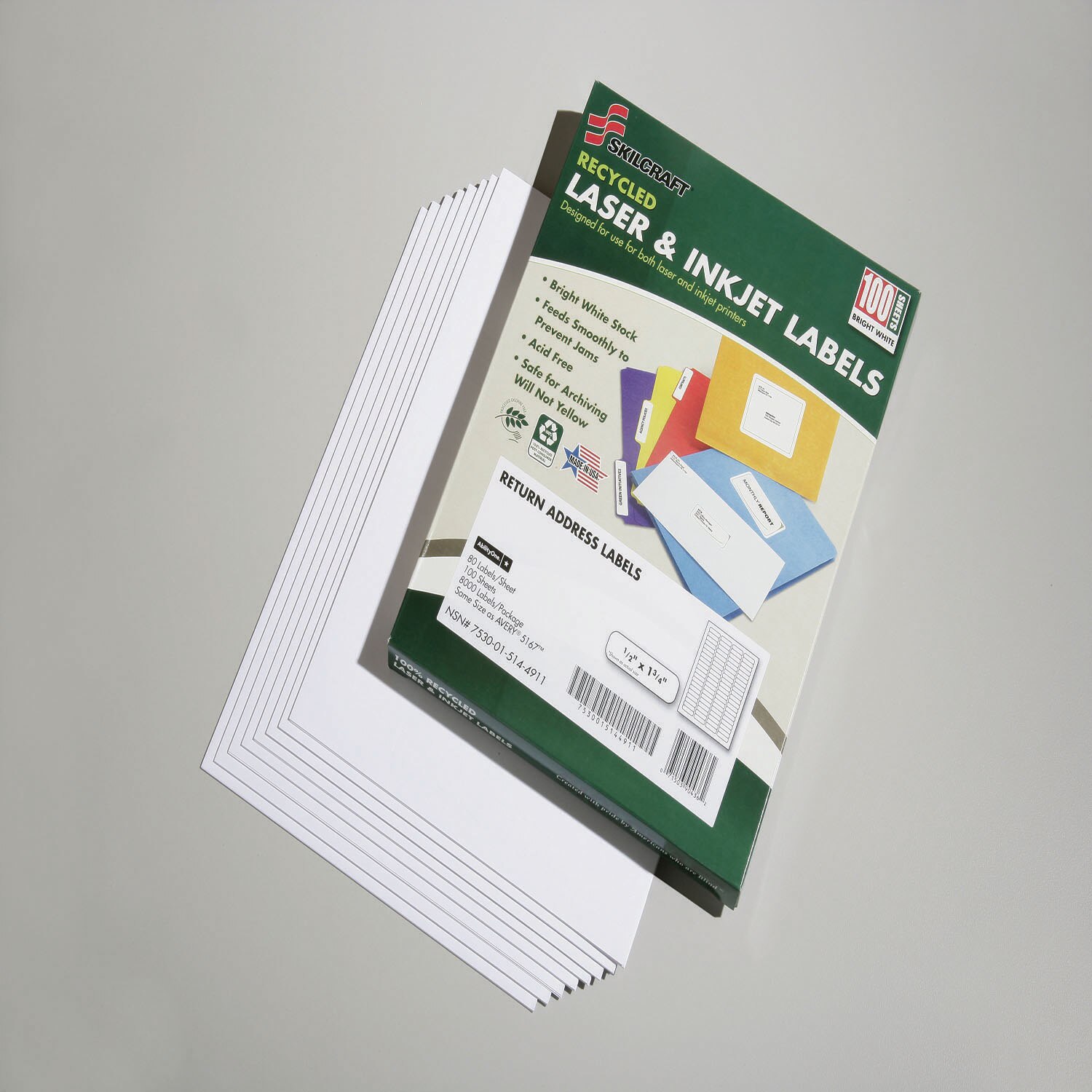 Label, Return Address, Recycled, Laser and Inkjet, White, 1/2" x 1-3/4", 100 Sheets