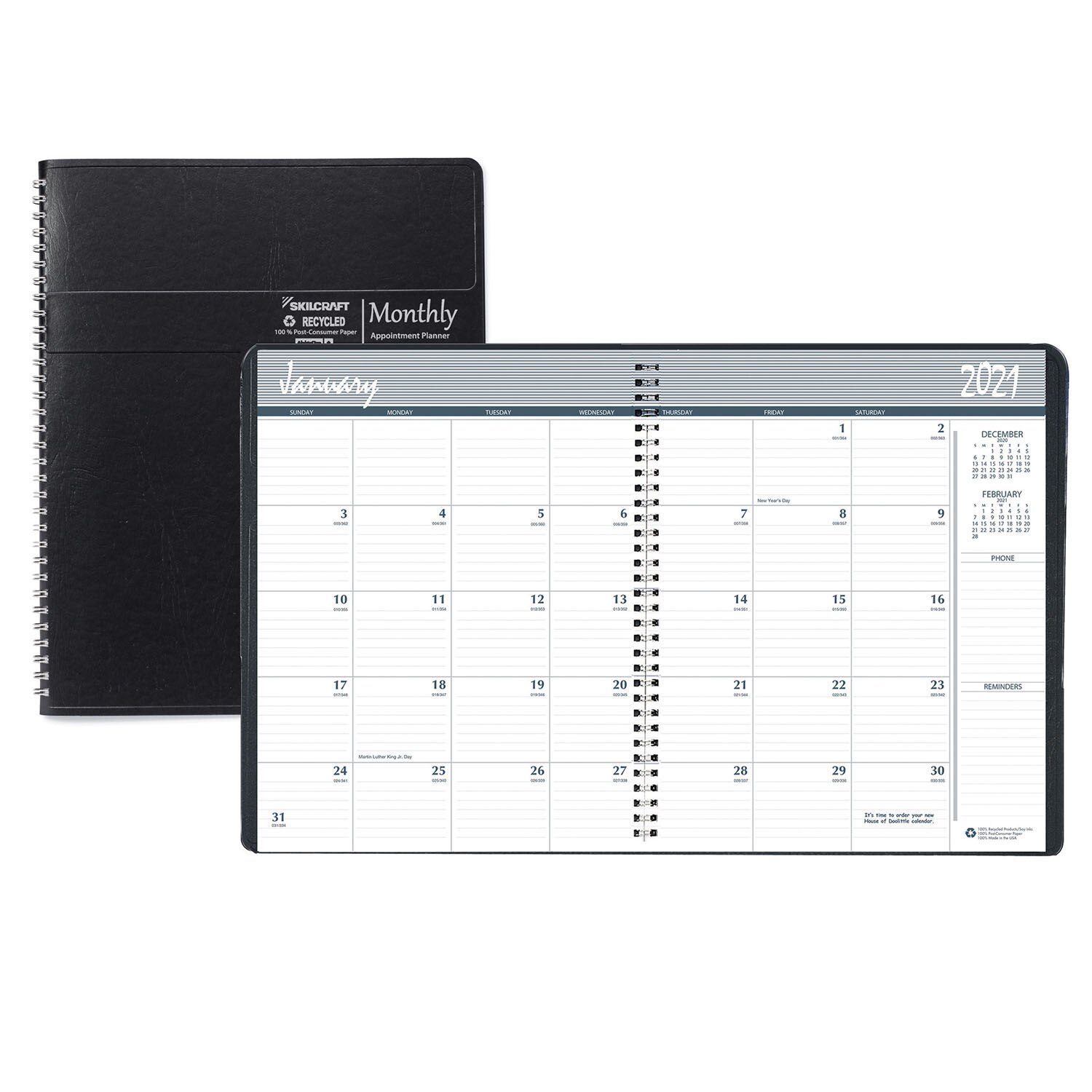 Monthly Desk Planner, Dated 2021, Wire Bound, Non-refillable, Black Cover