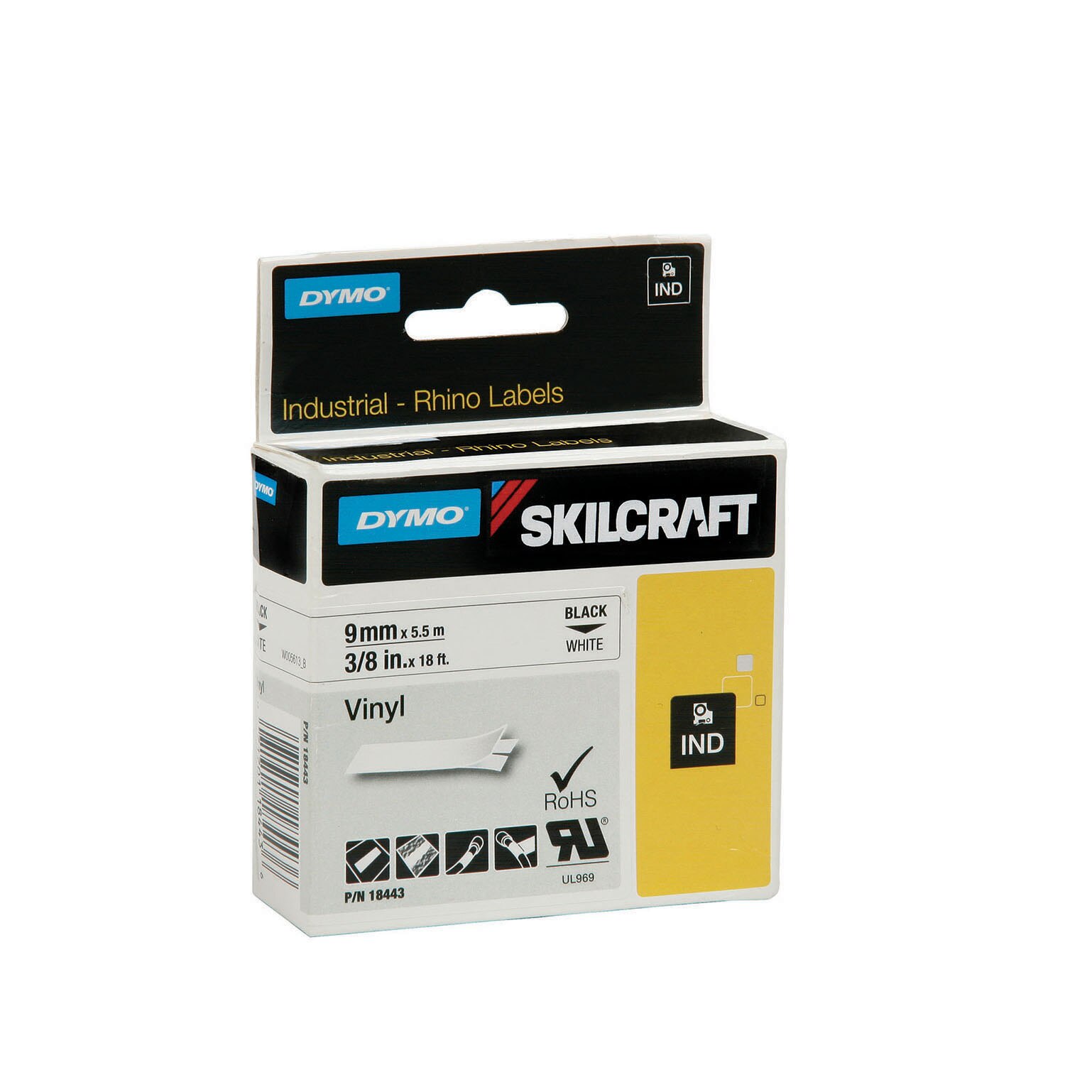 Cassette, Vinyl Label Tape, Industrial, 3/8", White/Black