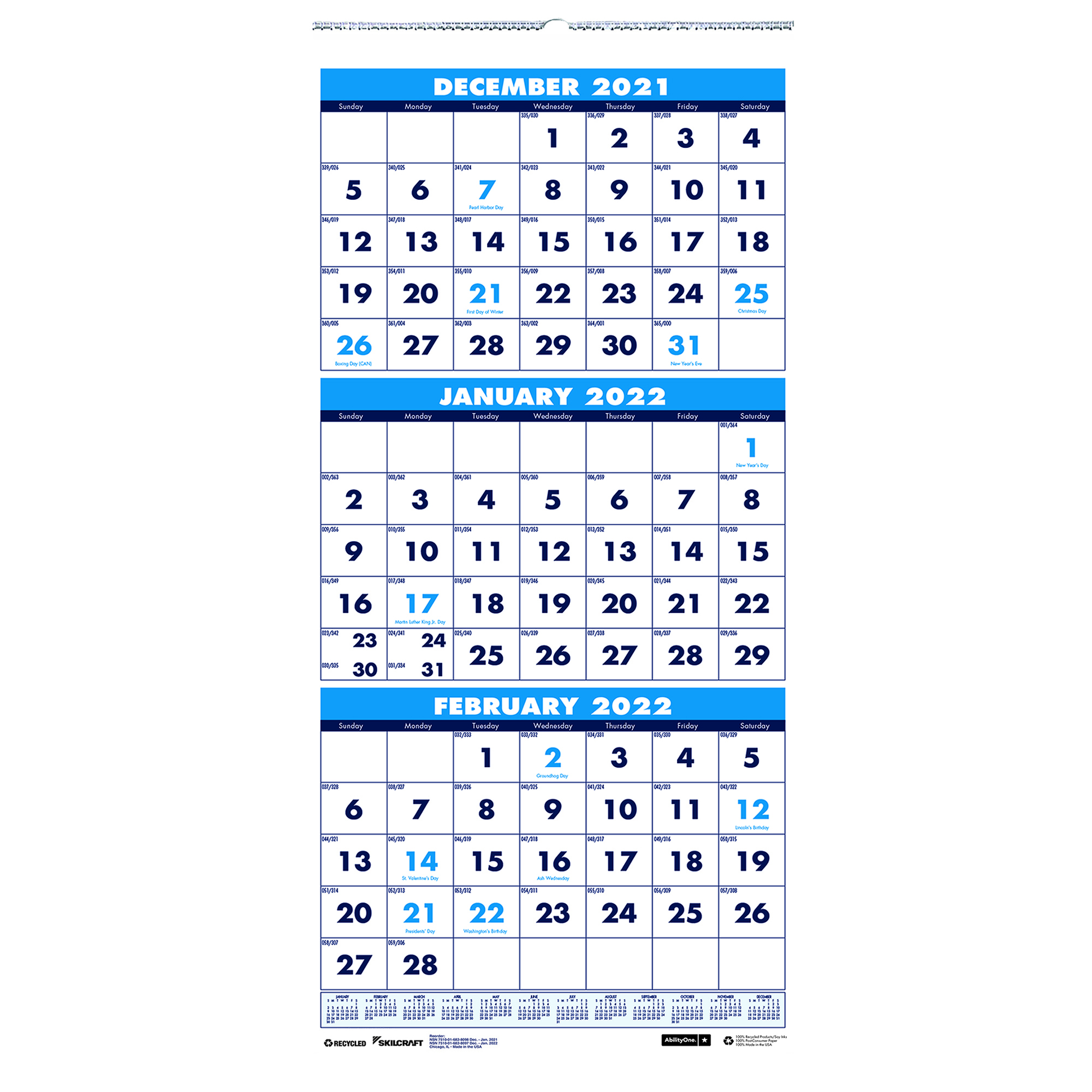 Wall Calendar, Recycled, Dated 2022, Vertical, 3 Months, 12-1/4" x 26"
